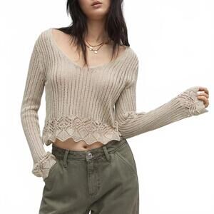 Mango Cotton Blend Open Work-Detail Sweater with Lace Detail Design NWT XS